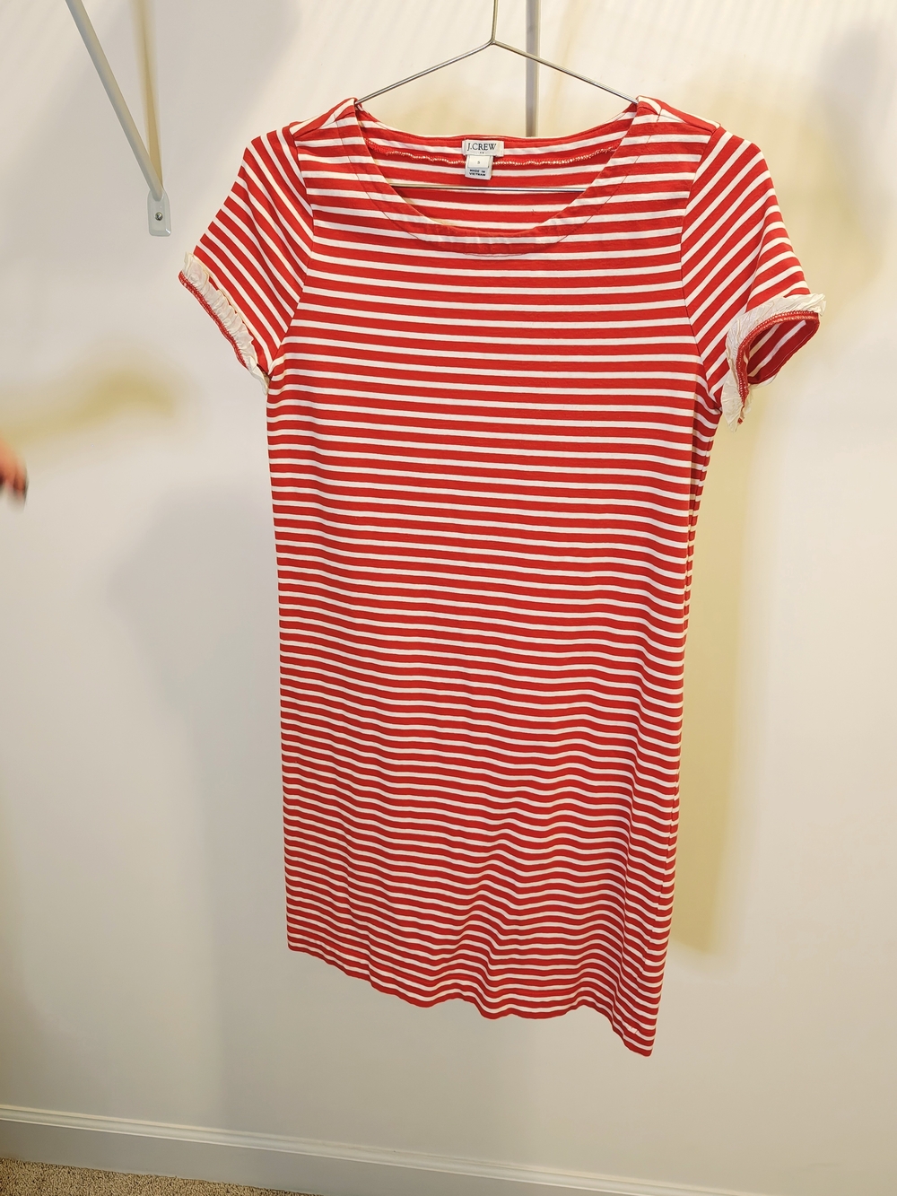 J.Crew Red & White Striped Tee Dress With Sleeve Ruffle Detail S
